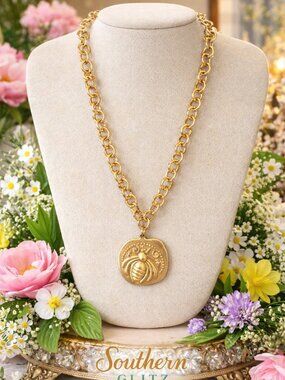 Gold Bee Pendant Necklace, Chunky Chain Necklace, Statement Bee Necklace